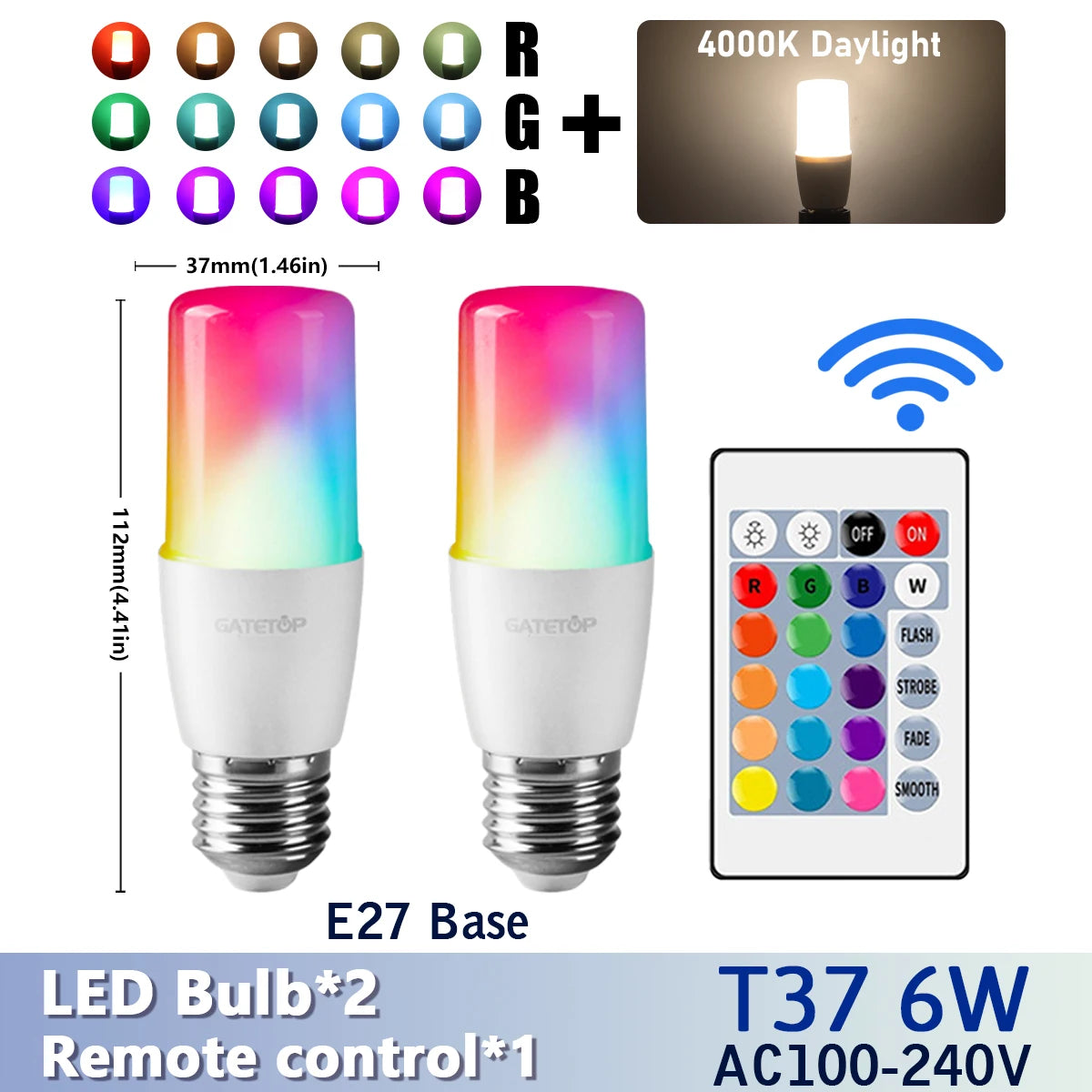RGB LED Bulb - 2PCS E14/E27/B22 T37 Multicolor Dimmable Light with Remote Control - ZOOMNSTORE