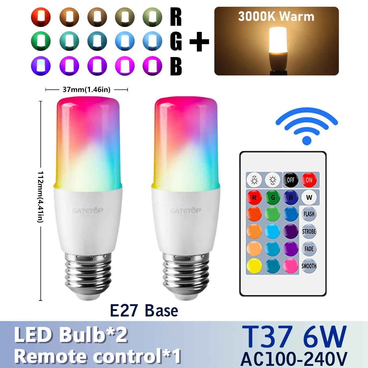 RGB LED Bulb - 2PCS E14/E27/B22 T37 Multicolor Dimmable Light with Remote Control - ZOOMNSTORE