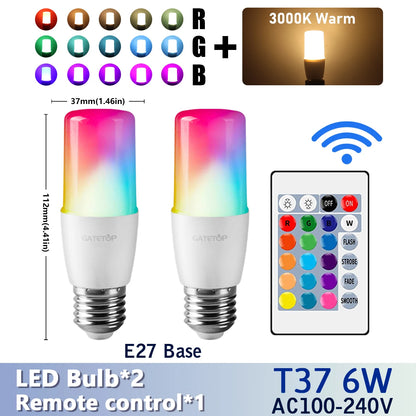 RGB LED Bulb - 2PCS E14/E27/B22 T37 Multicolor Dimmable Light with Remote Control - ZOOMNSTORE