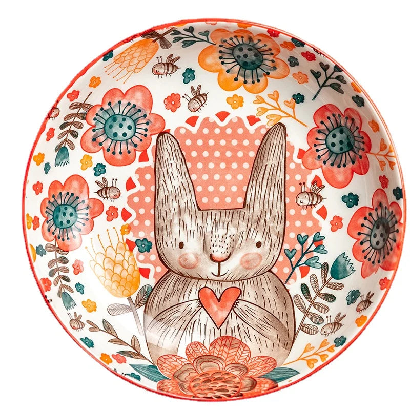 Hand-Painted Rabbit Bowl and Plate Set - Cute Ceramic Soup and Salad Dish - ZOOMNSTORE