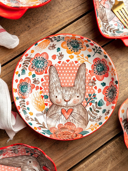 Hand-Painted Rabbit Bowl and Plate Set - Cute Ceramic Soup and Salad Dish - ZOOMNSTORE