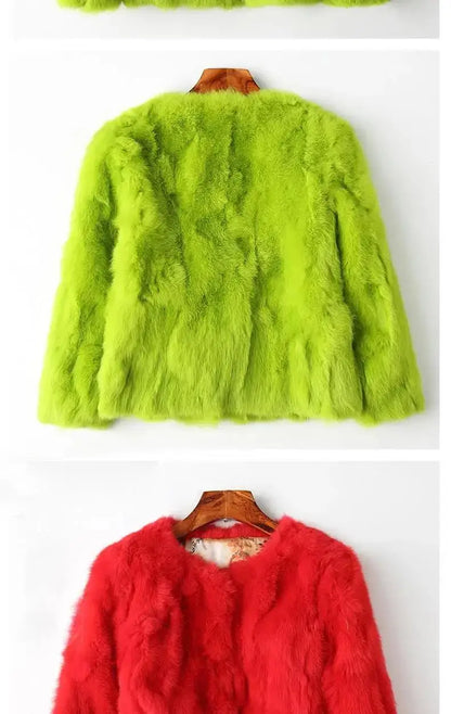 Rabbit Fur Coat - Women's Slim Fit Cardigan, High Waist Long Sleeve Jacket - ZOOMNSTORE