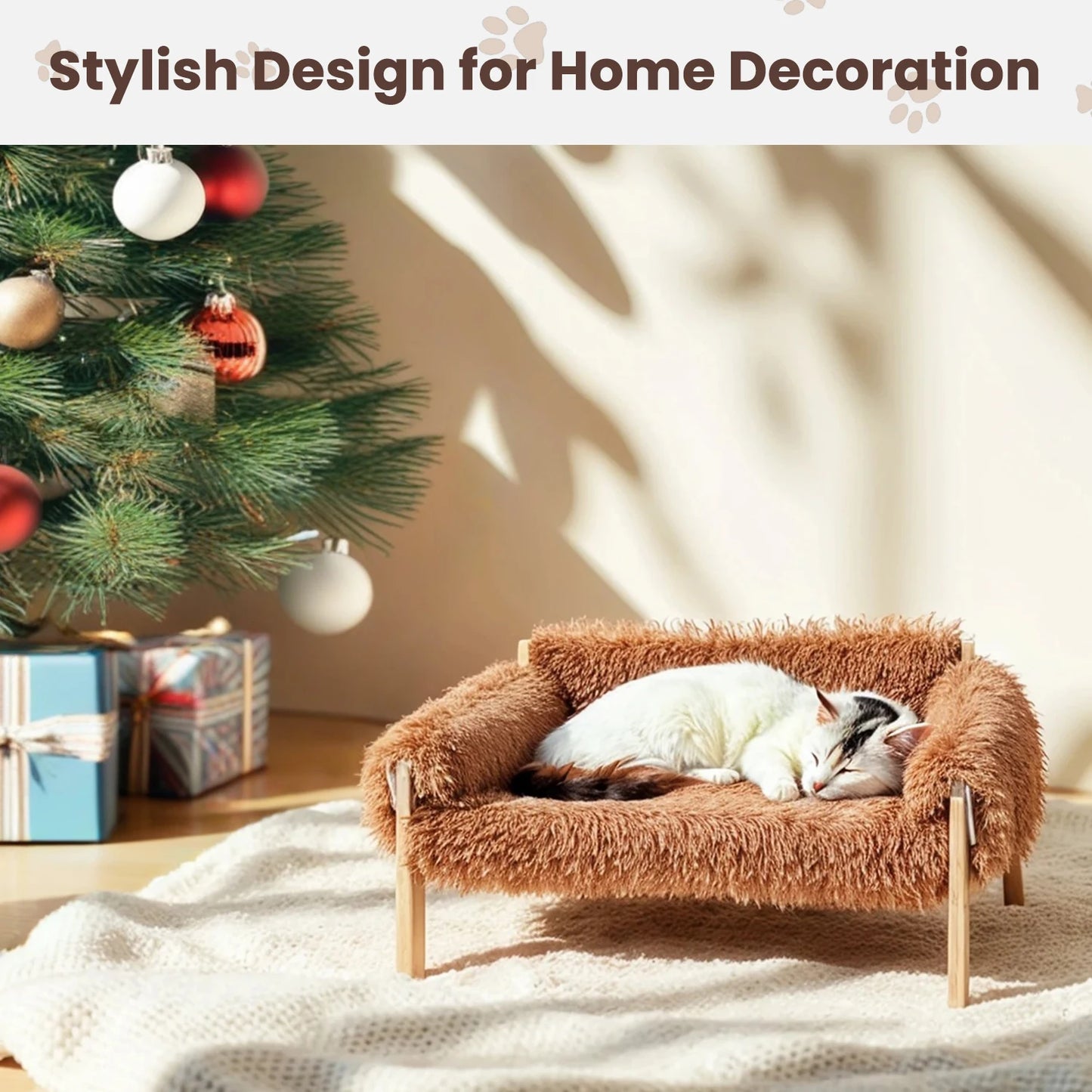 Large Cat Bed Sturdy Wooden Leg Raised Plush Cat Sofa Bed Kitten Bed for Indoor Cats - Soft Cat Couch - ZOOMNSTORE