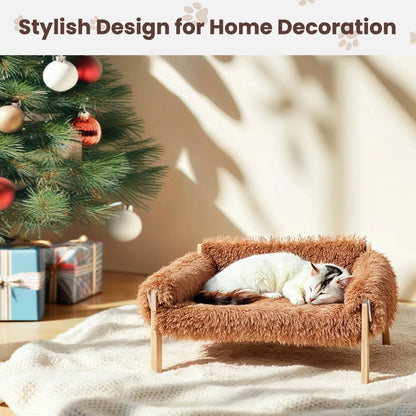 Large Cat Bed Sturdy Wooden Leg Raised Plush Cat Sofa Bed Kitten Bed for Indoor Cats - Soft Cat Couch - ZOOMNSTORE