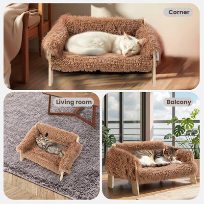 Large Cat Bed Sturdy Wooden Leg Raised Plush Cat Sofa Bed Kitten Bed for Indoor Cats - Soft Cat Couch - ZOOMNSTORE