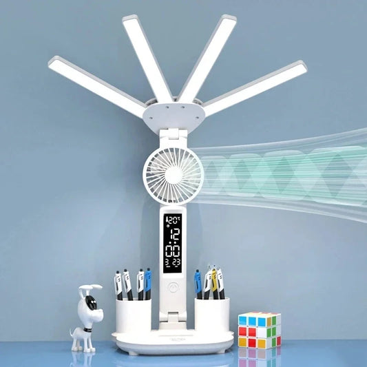 Rechargeable LED Desk Lamp with Fan  Clock - Study  Reading Light - ZOOMNSTORE