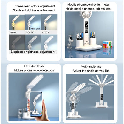 Rechargeable LED Desk Lamp with Fan  Clock - Study  Reading Light - ZOOMNSTORE