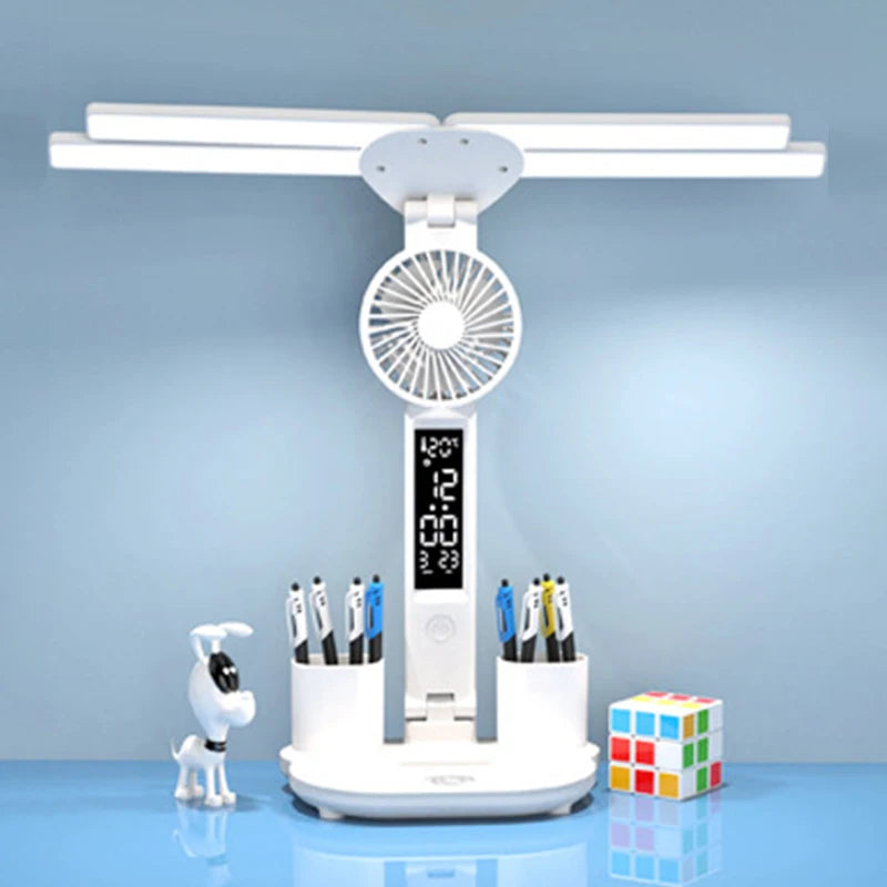 Rechargeable LED Desk Lamp with Fan  Clock - Study  Reading Light - ZOOMNSTORE