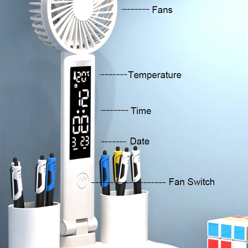 Rechargeable LED Desk Lamp with Fan  Clock - Study  Reading Light - ZOOMNSTORE