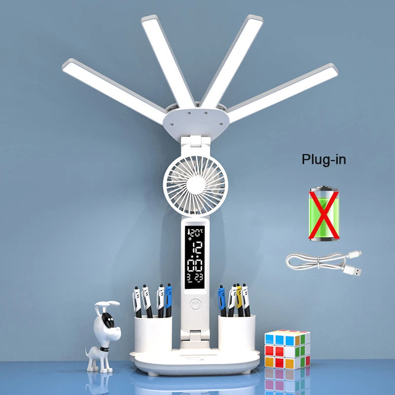 Rechargeable LED Desk Lamp with Fan  Clock - Study  Reading Light - ZOOMNSTORE