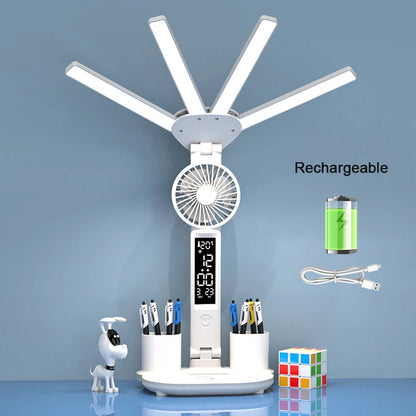 Rechargeable LED Desk Lamp with Fan  Clock - Study  Reading Light - ZOOMNSTORE