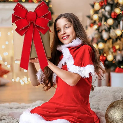 Large Red Velvet Christmas Tree Bow - Outdoor Holiday Decoration with Glitter Gold Edge - ZOOMNSTORE
