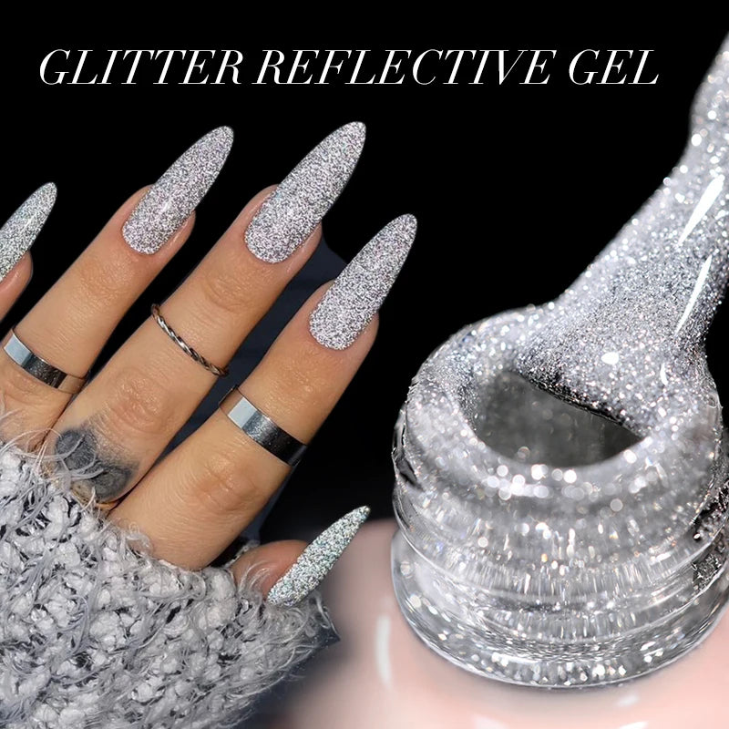 Silver Reflective Nail Gel Polish - 15ml Shining Glitter Soak Off UV Gel for Nail Art - ZOOMNSTORE