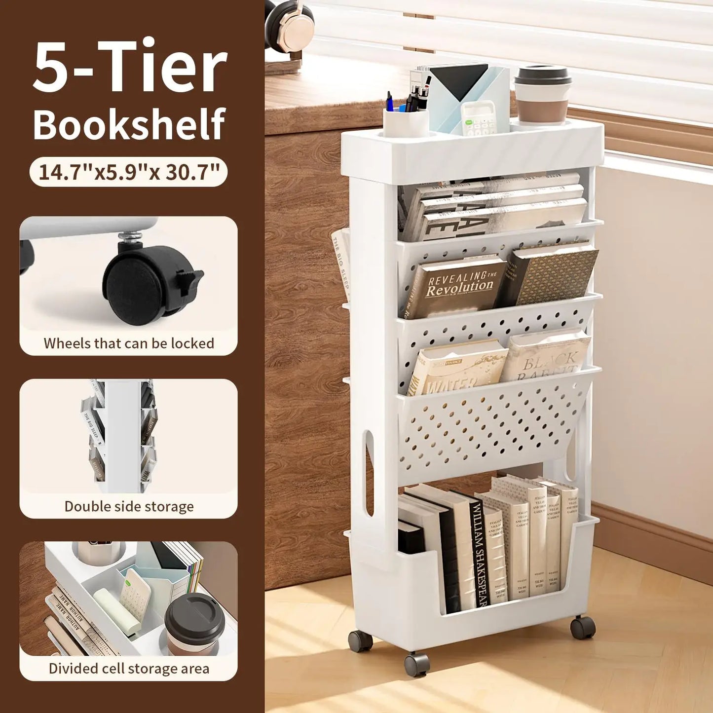 5-Tier Rolling Magazine and Book Storage Rack - Mobile Bookshelf for Classroom and Office - ZOOMNSTORE