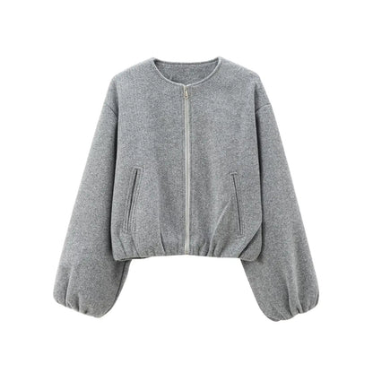 Retro Bomber Jacket - Womens Autumn Winter Coat with Zipper and Long Sleeves - ZOOMNSTORE