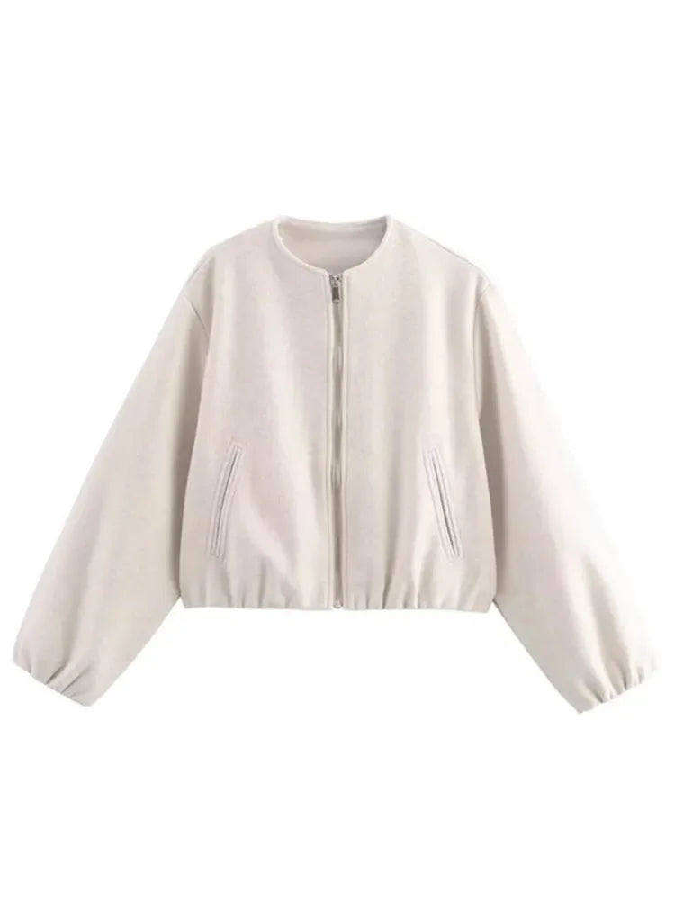 Retro Bomber Jacket - Womens Autumn Winter Coat with Zipper and Long Sleeves - ZOOMNSTORE