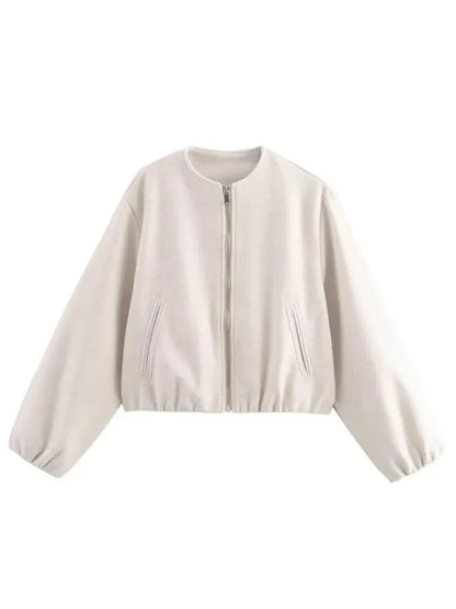 Retro Bomber Jacket - Womens Autumn Winter Coat with Zipper and Long Sleeves - ZOOMNSTORE