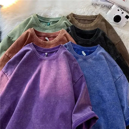 Retro Cotton T Shirt - Vintage Washed Oversized Tee | Breathable Summer Streetwear - ZOOMNSTORE