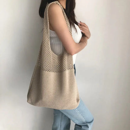 Retro Crochet Handbag - Womens Knitted Tote Bag in Black Khaki - ZOOMNSTORE