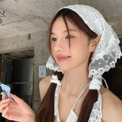 Retro Lace Triangle Headscarf - Y2K Floral Embroidered Crochet Hair Scarf for Women and Girls - ZOOMNSTORE
