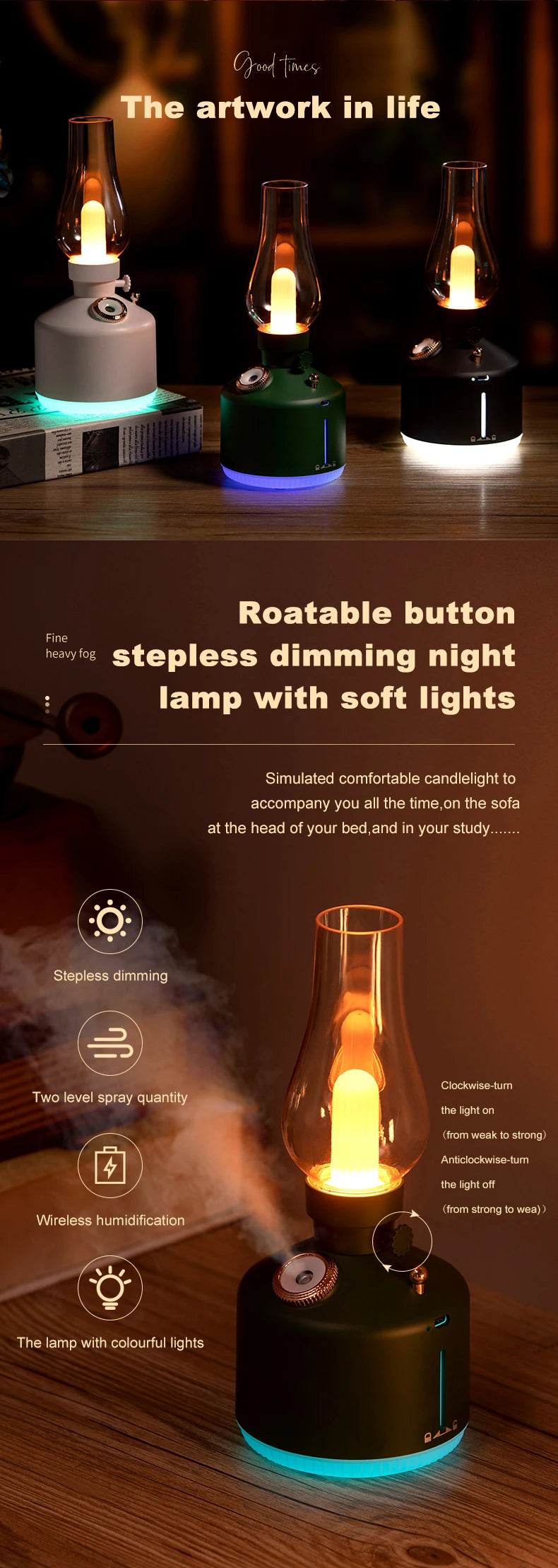 Retro Lamp Humidifier - Wireless Aroma Diffuser with Cool Mist, 7 Color Lights & Rechargeable Battery - ZOOMNSTORE