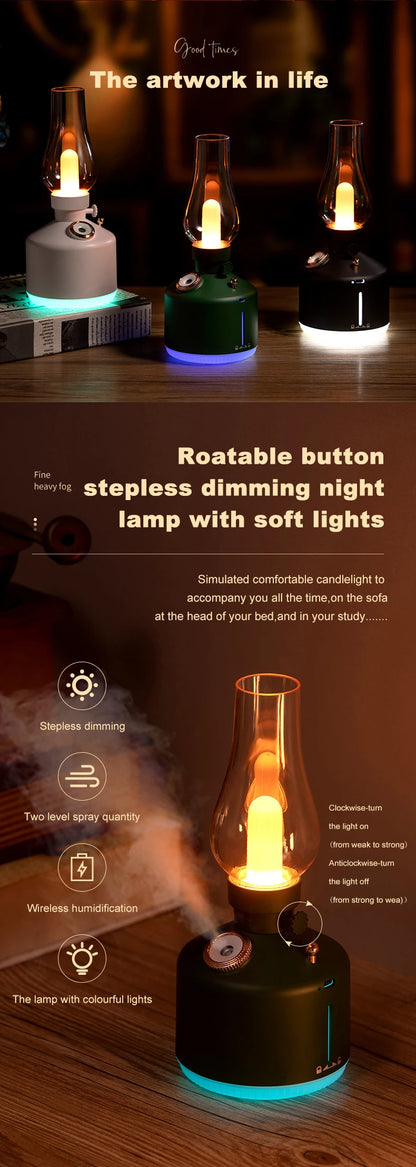 Retro Lamp Humidifier - Wireless Aroma Diffuser with Cool Mist, 7 Color Lights & Rechargeable Battery - ZOOMNSTORE