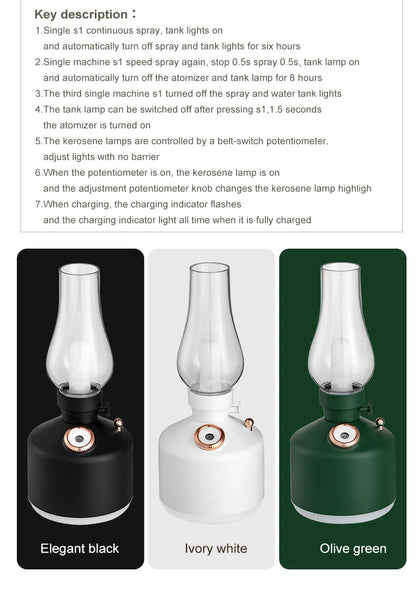 Retro Lamp Humidifier - Wireless Aroma Diffuser with Cool Mist, 7 Color Lights & Rechargeable Battery - ZOOMNSTORE