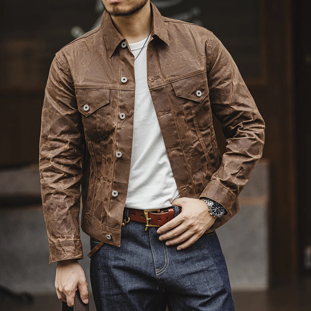 Retro Male Oil Waxed Jacket - Khaki Canvas Military Style Coat - ZOOMNSTORE
