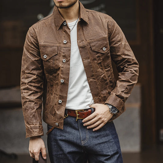 Retro Male Oil Waxed Jacket - Khaki Canvas Military Style Coat - ZOOMNSTORE