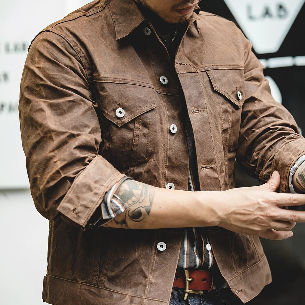 Retro Male Oil Waxed Jacket - Khaki Canvas Military Style Coat - ZOOMNSTORE