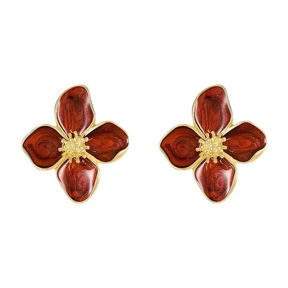 Retro Red Flower Earrings - Korean Fashion Women's Studs with Drip Glaze Finish - ZOOMNSTORE