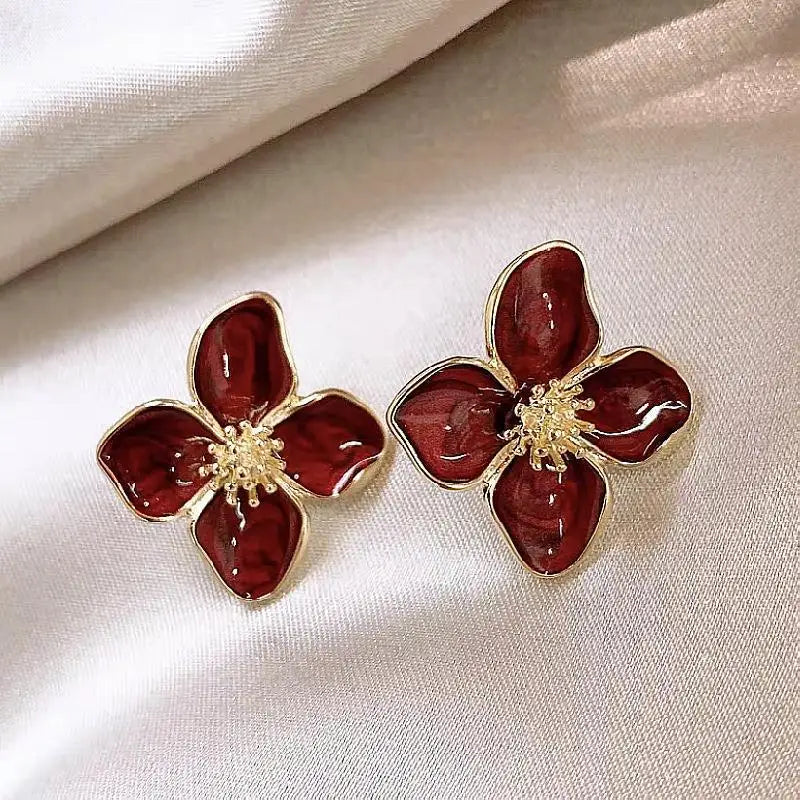 Retro Red Flower Earrings - Korean Fashion Women's Studs with Drip Glaze Finish - ZOOMNSTORE