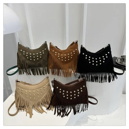 Retro Saddle Bag - Women's Shoulder Bag With Tassel Rivet | Large Capacity Purse - ZOOMNSTORE