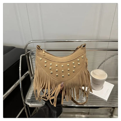 Retro Saddle Bag - Women's Shoulder Bag With Tassel Rivet | Large Capacity Purse - ZOOMNSTORE