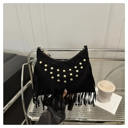 Retro Saddle Bag - Women's Shoulder Bag With Tassel Rivet | Large Capacity Purse - ZOOMNSTORE
