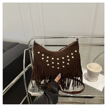 Retro Saddle Bag - Women's Shoulder Bag With Tassel Rivet | Large Capacity Purse - ZOOMNSTORE