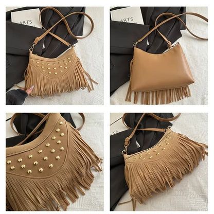 Retro Saddle Bag - Women's Shoulder Bag With Tassel Rivet | Large Capacity Purse - ZOOMNSTORE