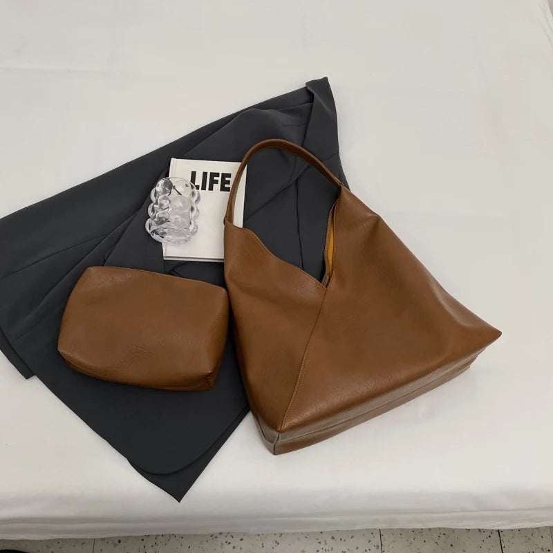 Retro 2-in-1 Shoulder Bag - Large Capacity PU Leather Tote for Women - ZOOMNSTORE