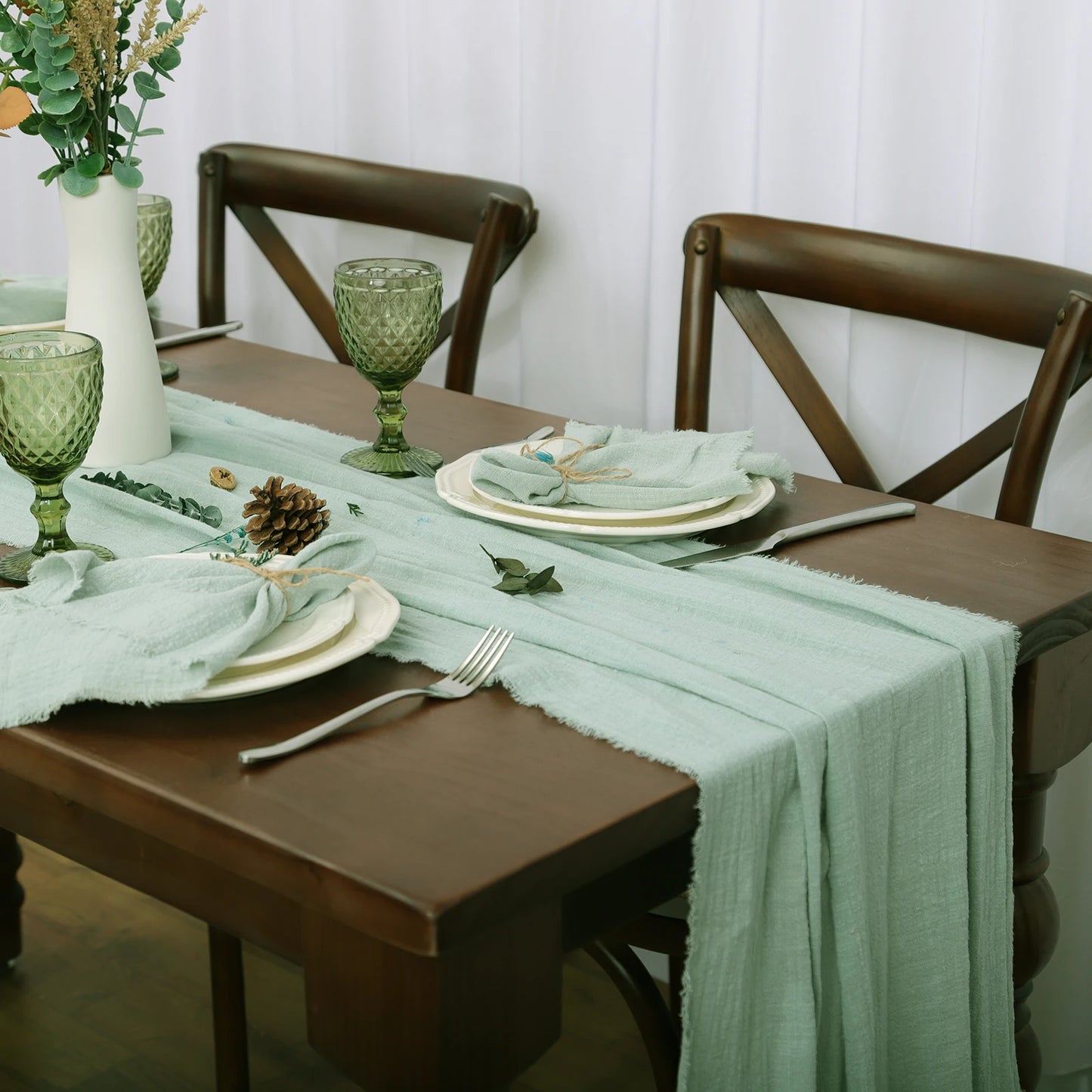 Reusable Cotton Wedding Napkins - 10pcs Green Trim Rustic Party Decor - ZOOMNSTORE