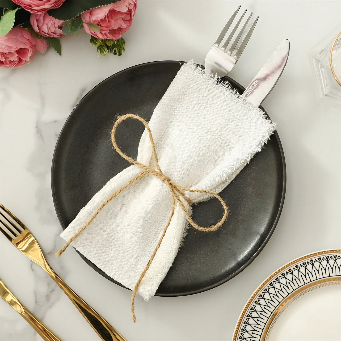 Reusable Cotton Wedding Napkins - 10pcs Green Trim Rustic Party Decor - ZOOMNSTORE