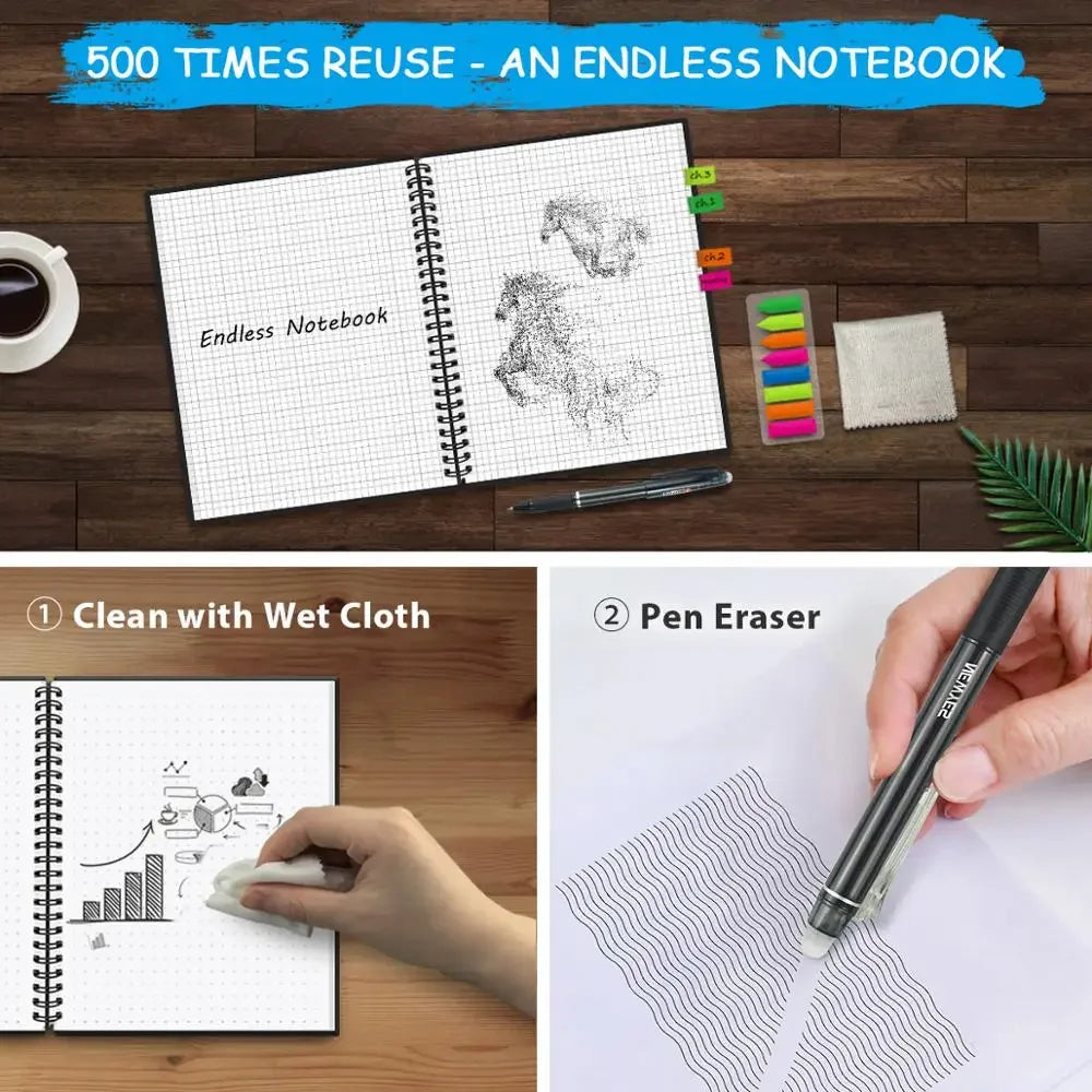 Reusable Erasable Notebook | A4 Spiral Smart Notebook With Microwave Heating - ZOOMNSTORE