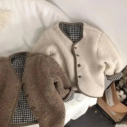Reversible Plaid Plush Jacket - Warm Winter Coat for Kids - ZOOMNSTORE