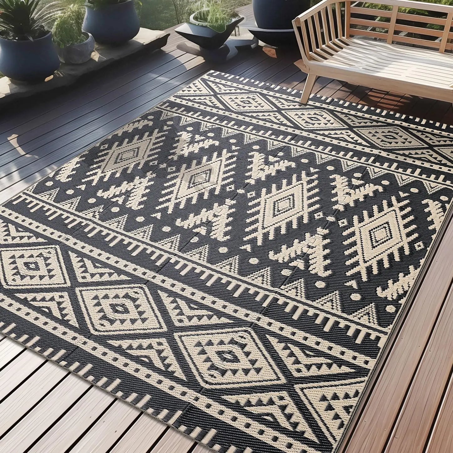 Reversible Waterproof Outdoor Rug - Boho Plastic Straw Mat for Patio RV Camp Picnic - ZOOMNSTORE