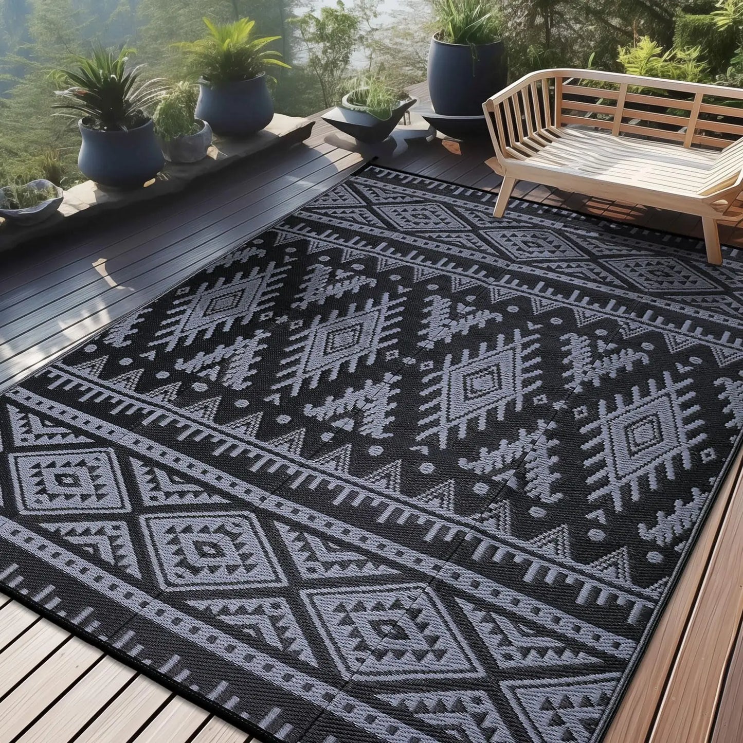 Reversible Waterproof Outdoor Rug - Boho Plastic Straw Mat for Patio RV Camp Picnic - ZOOMNSTORE