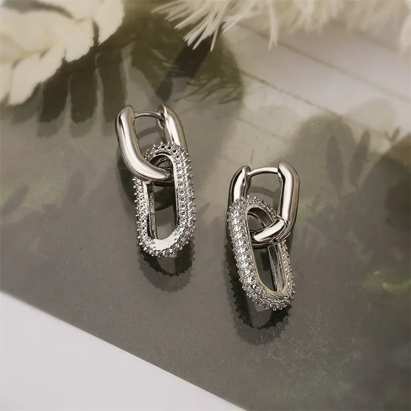 Rhinestone Geometric Earrings – Lightweight Fashion Hoop Earrings with Elliptical Double Rings - ZOOMNSTORE