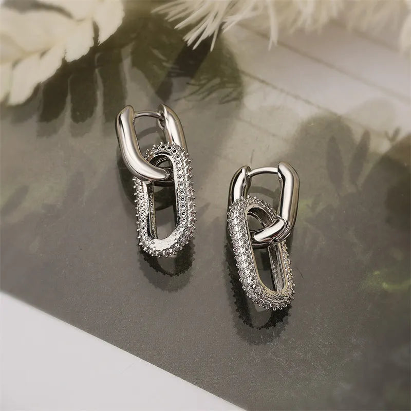 Rhinestone Geometric Earrings – Lightweight Fashion Hoop Earrings with Elliptical Double Rings - ZOOMNSTORE