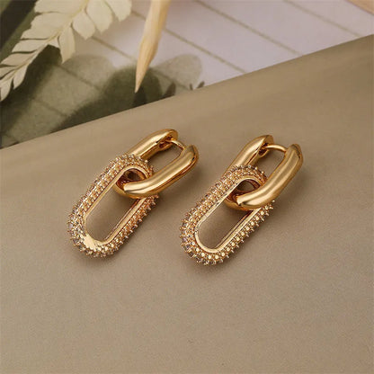 Rhinestone Geometric Earrings – Lightweight Fashion Hoop Earrings with Elliptical Double Rings - ZOOMNSTORE