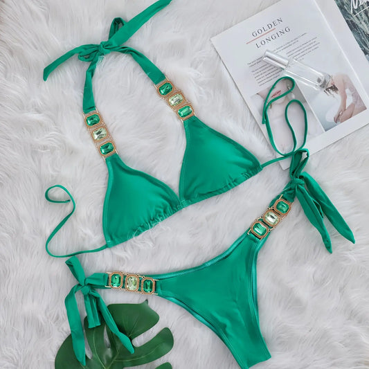 Rhinestone String Bikini - Womens Sexy 2 Piece Swimsuit for Beach Vacation - ZOOMNSTORE