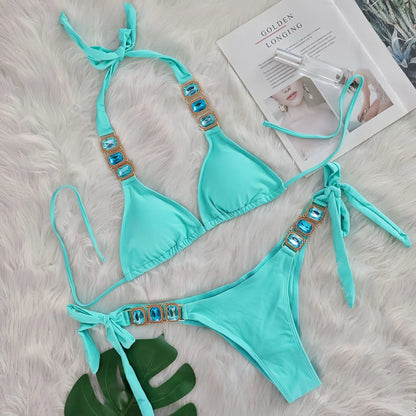 Rhinestone String Bikini - Womens Sexy 2 Piece Swimsuit for Beach Vacation - ZOOMNSTORE