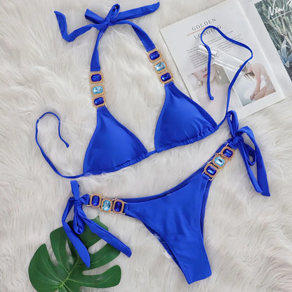 Rhinestone String Bikini - Womens Sexy 2 Piece Swimsuit for Beach Vacation - ZOOMNSTORE